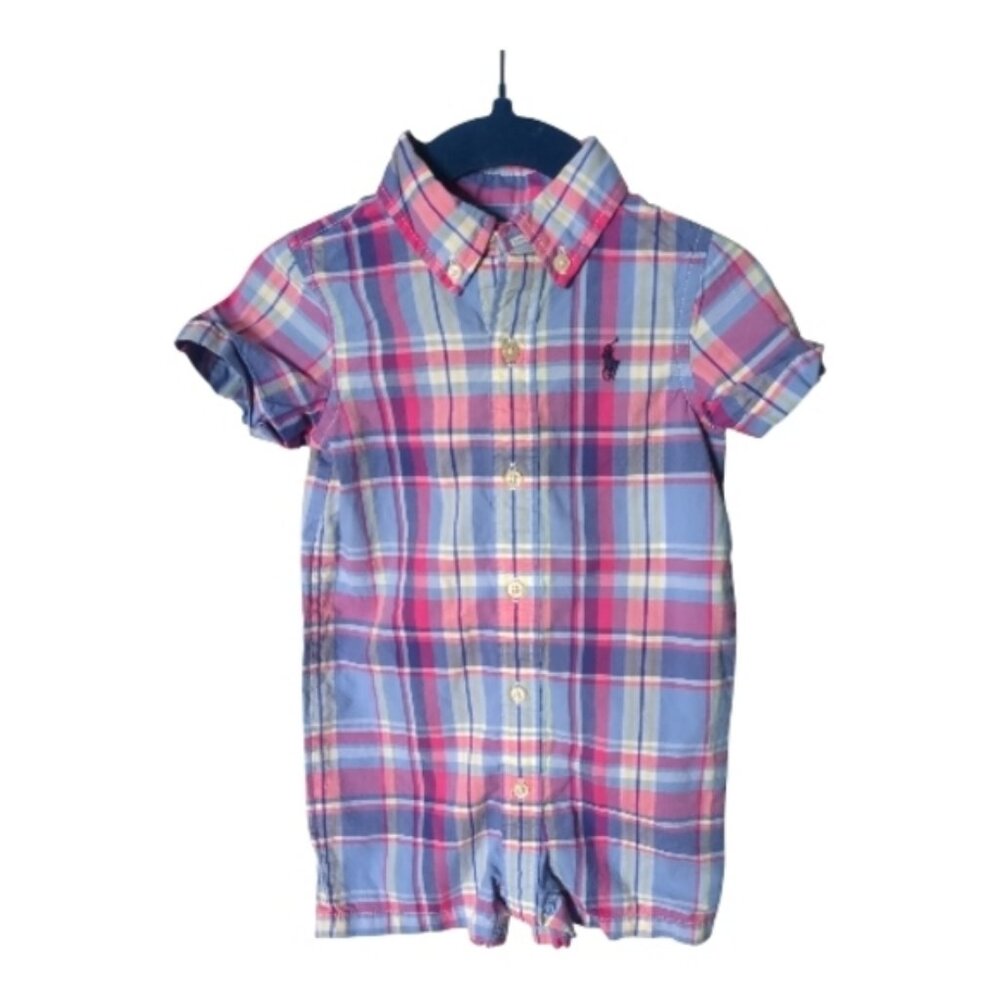Polo Ralph Lauren Baby Plaid Cotton Poplin Shortall Pink/Blue/Yellow Size 9m